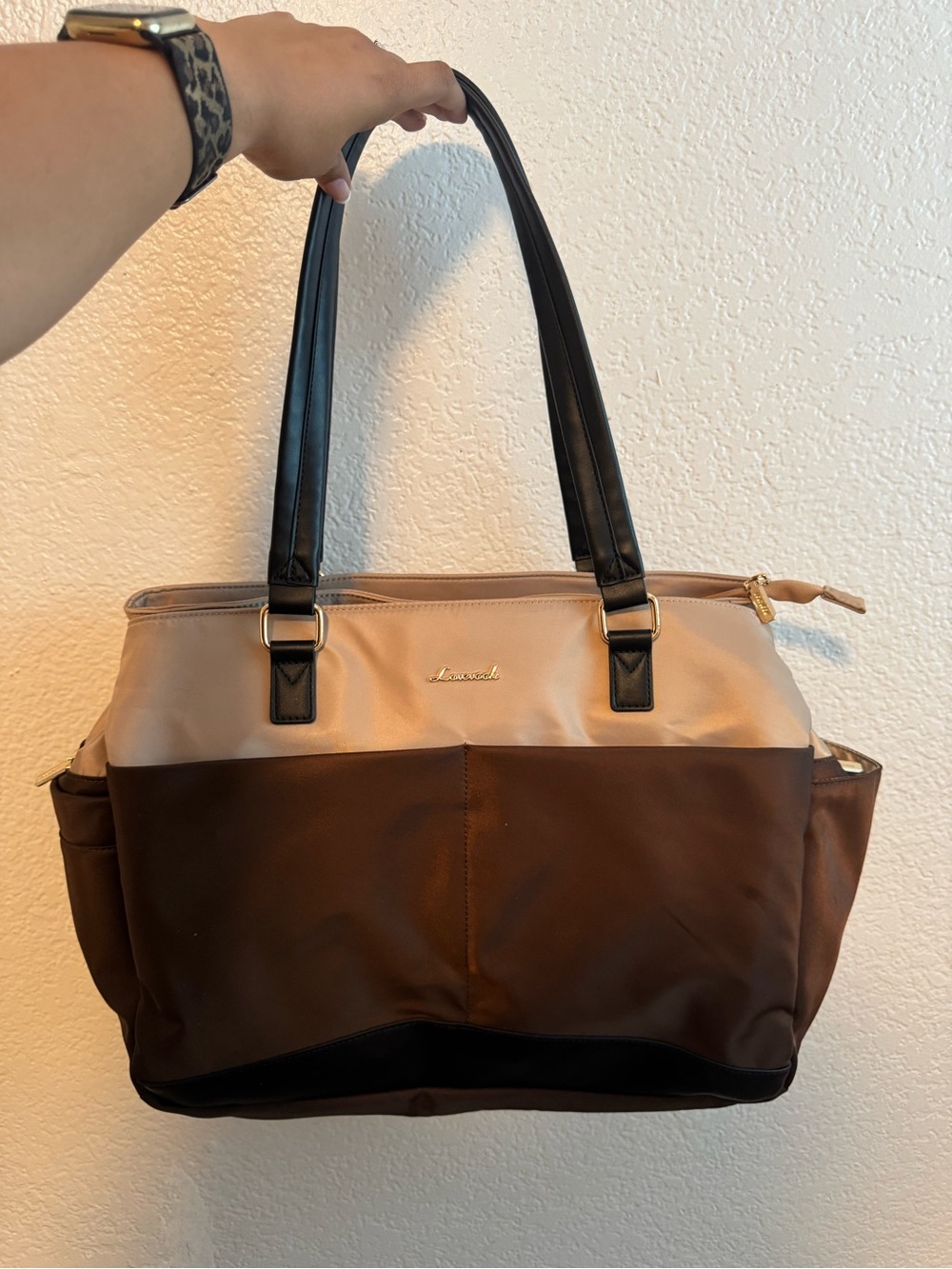 Two-Tone Brown and Beige Tote with Black Handles